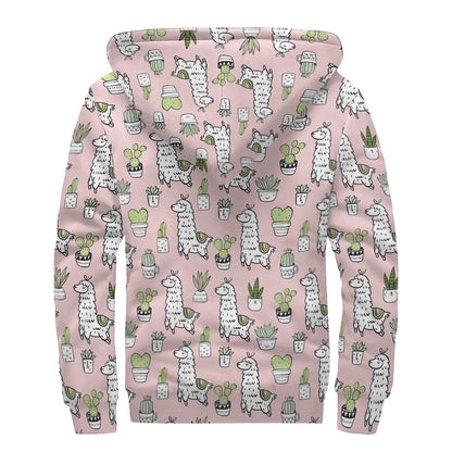Cartoon Cactus And Llama Pattern Print Sherpa Lined Zip Up Hoodie