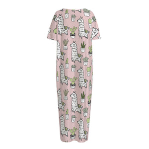 Cartoon Cactus And Llama Pattern Print Short Sleeve Long Nightdress