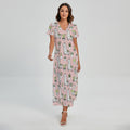 Cartoon Cactus And Llama Pattern Print Short Sleeve Maxi Dress