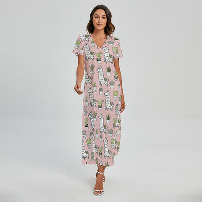 Cartoon Cactus And Llama Pattern Print Short Sleeve Maxi Dress