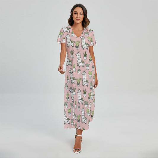 Cartoon Cactus And Llama Pattern Print Short Sleeve Maxi Dress