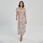 Cartoon Cactus And Llama Pattern Print Short Sleeve Maxi Dress