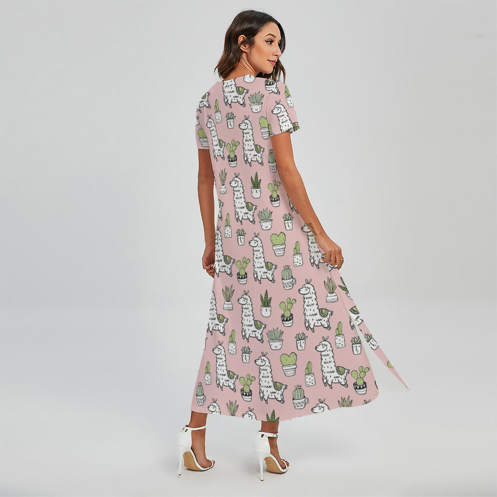 Cartoon Cactus And Llama Pattern Print Short Sleeve Maxi Dress