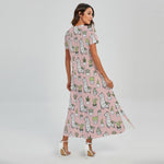 Cartoon Cactus And Llama Pattern Print Short Sleeve Maxi Dress