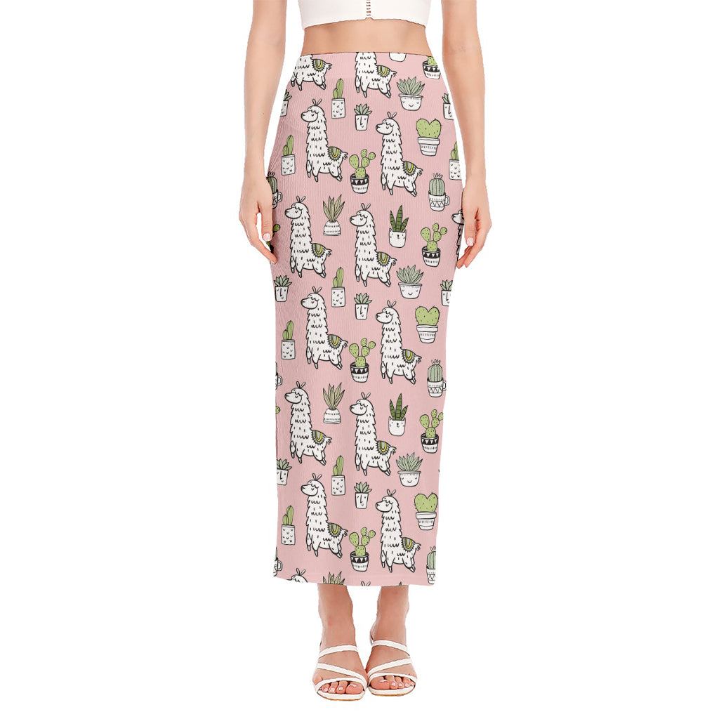 Cartoon Cactus And Llama Pattern Print Side Slit Maxi Skirt
