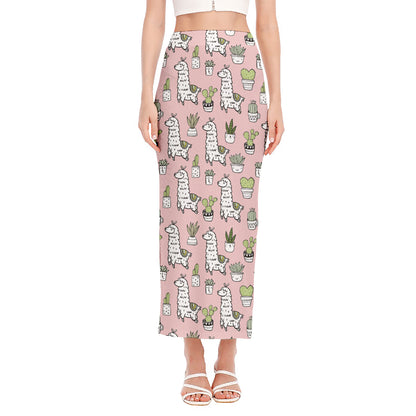 Cartoon Cactus And Llama Pattern Print Side Slit Maxi Skirt