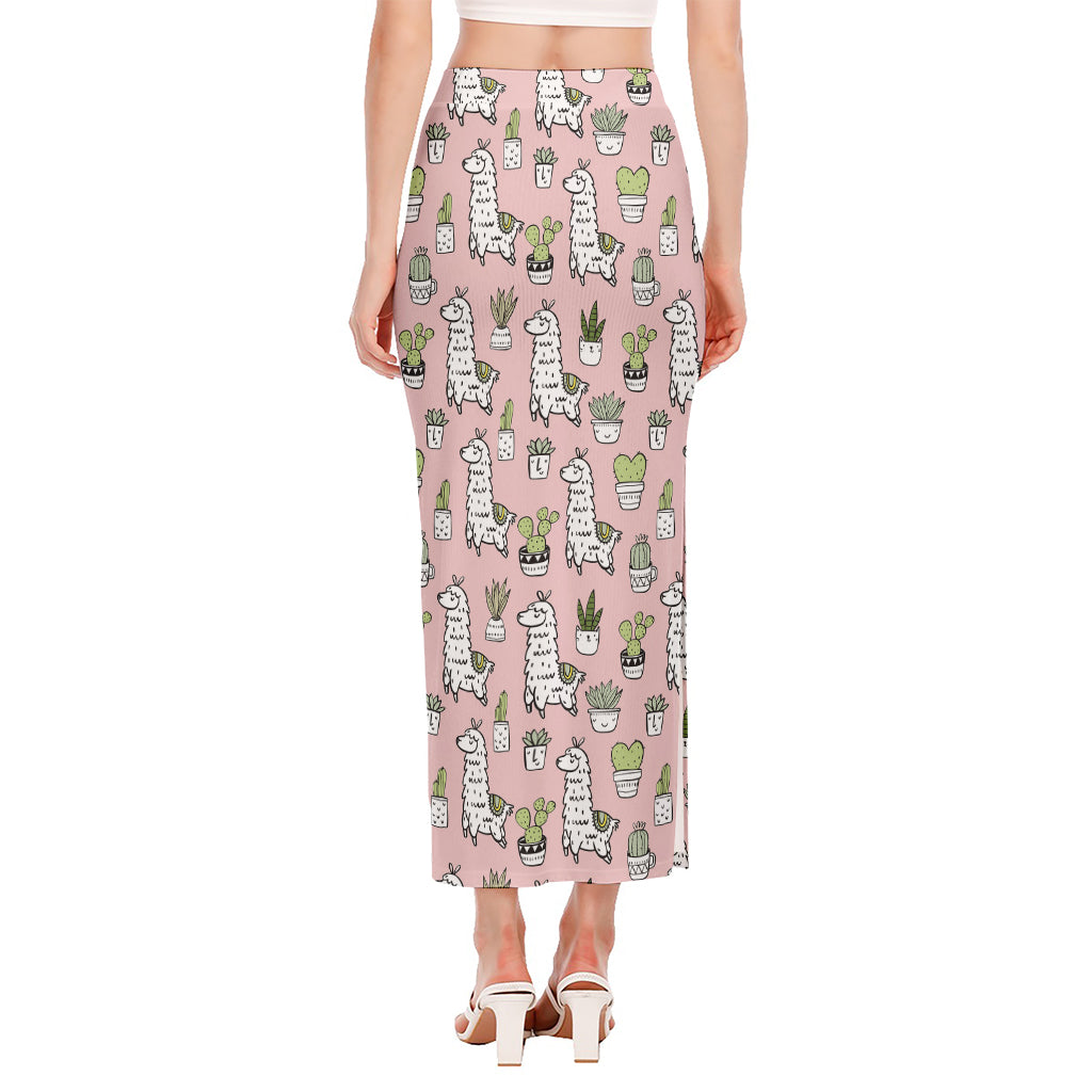 Cartoon Cactus And Llama Pattern Print Side Slit Maxi Skirt