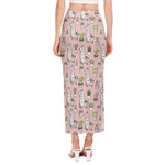 Cartoon Cactus And Llama Pattern Print Side Slit Maxi Skirt