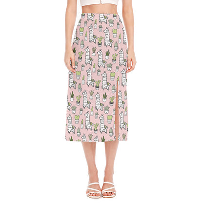 Cartoon Cactus And Llama Pattern Print Side Slit Midi Skirt