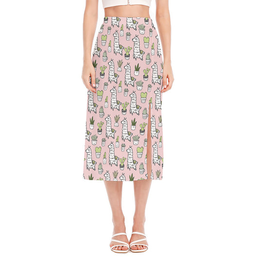 Cartoon Cactus And Llama Pattern Print Side Slit Midi Skirt