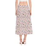 Cartoon Cactus And Llama Pattern Print Side Slit Midi Skirt