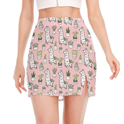 Cartoon Cactus And Llama Pattern Print Side Slit Mini Skirt