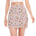Cartoon Cactus And Llama Pattern Print Side Slit Mini Skirt