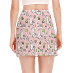 Cartoon Cactus And Llama Pattern Print Side Slit Mini Skirt