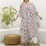 Cartoon Cactus And Llama Pattern Print Silk V-Neck Kaftan Dress