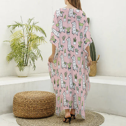 Cartoon Cactus And Llama Pattern Print Silk V-Neck Kaftan Dress