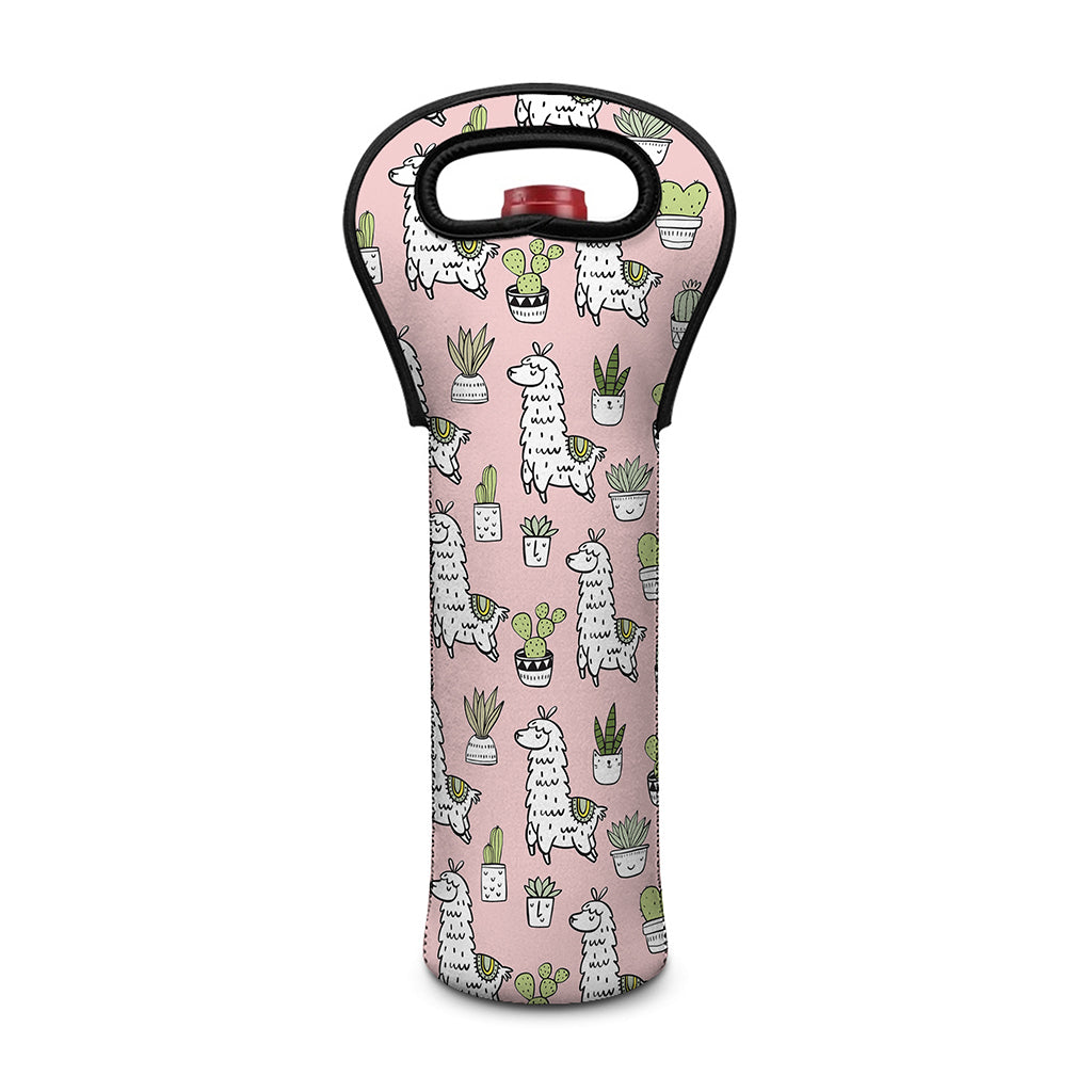 Cartoon Cactus And Llama Pattern Print Single Neoprene Wine Tote