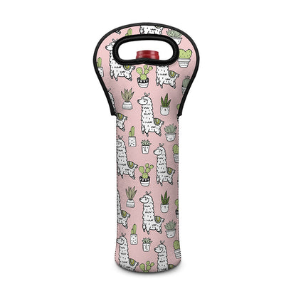 Cartoon Cactus And Llama Pattern Print Single Neoprene Wine Tote