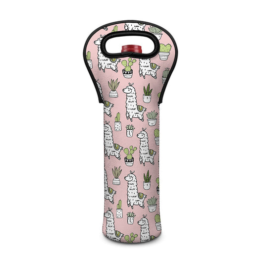 Cartoon Cactus And Llama Pattern Print Single Neoprene Wine Tote