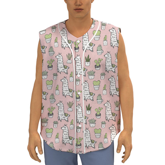 Cartoon Cactus And Llama Pattern Print Sleeveless Baseball Jersey