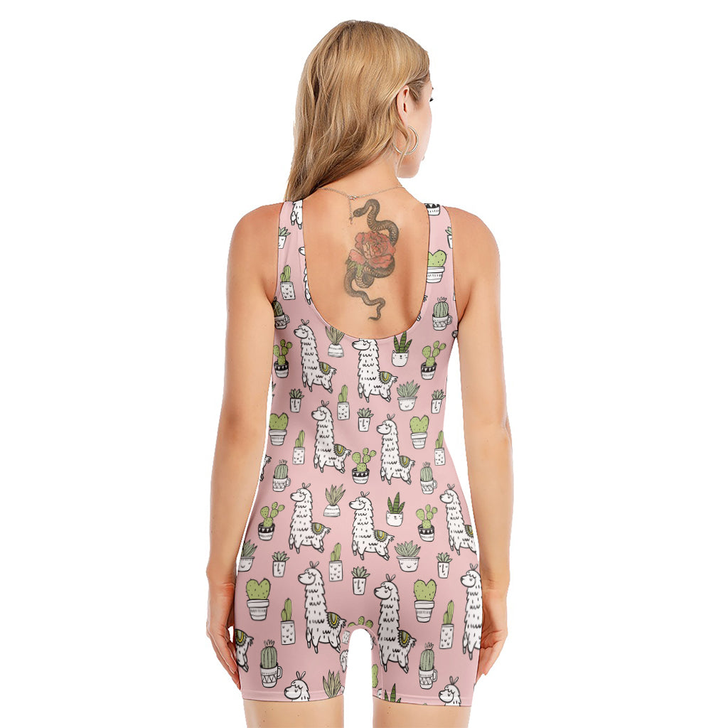 Cartoon Cactus And Llama Pattern Print Sleeveless One Piece Swimsuit