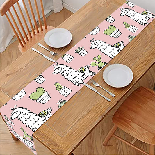 Cartoon Cactus And Llama Pattern Print Table Runner
