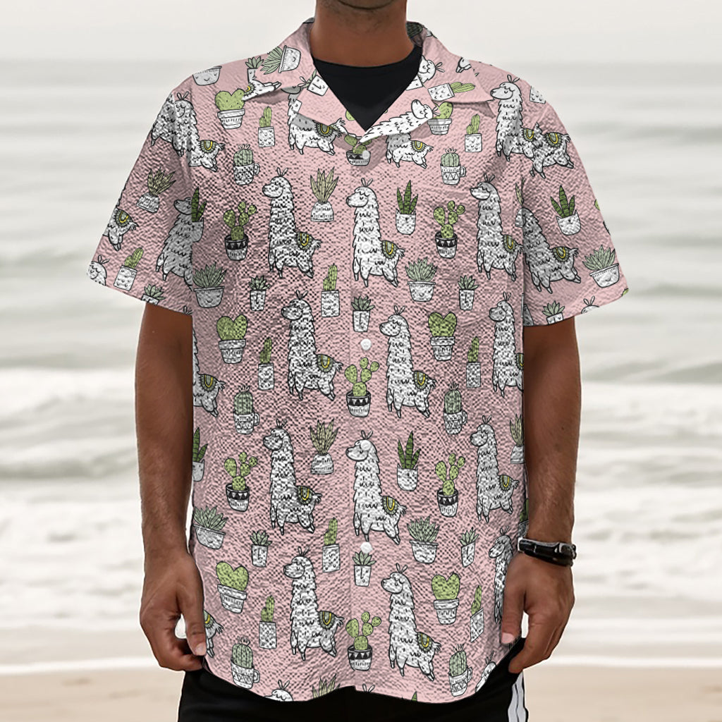 Cartoon Cactus And Llama Pattern Print Textured Short Sleeve Shirt