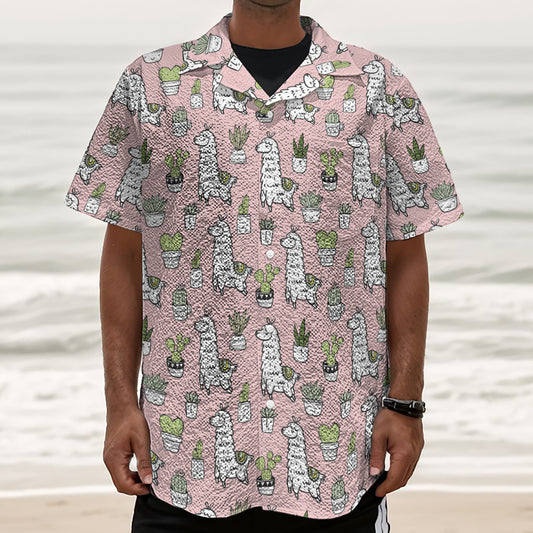 Cartoon Cactus And Llama Pattern Print Textured Short Sleeve Shirt