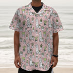 Cartoon Cactus And Llama Pattern Print Textured Short Sleeve Shirt