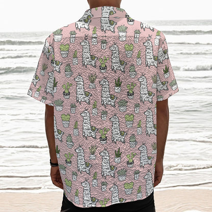 Cartoon Cactus And Llama Pattern Print Textured Short Sleeve Shirt