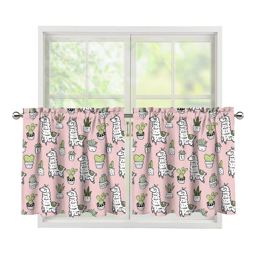 Cartoon Cactus And Llama Pattern Print Tier Curtains