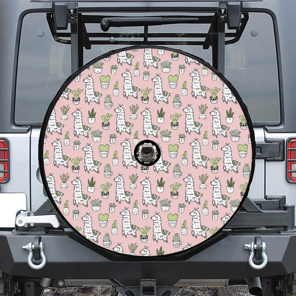 Cartoon Cactus And Llama Pattern Print Tire Cover With Camera Hole