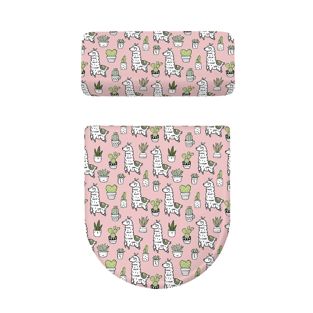 Cartoon Cactus And Llama Pattern Print Toilet Lid And Tank Cover Set