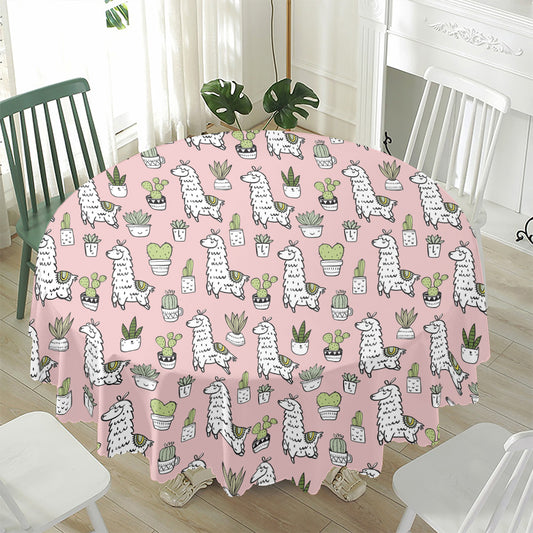 Cartoon Cactus And Llama Pattern Print Waterproof Round Tablecloth