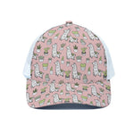 Cartoon Cactus And Llama Pattern Print White Mesh Trucker Cap