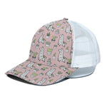 Cartoon Cactus And Llama Pattern Print White Mesh Trucker Cap