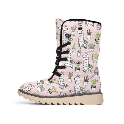Cartoon Cactus And Llama Pattern Print Winter Boots