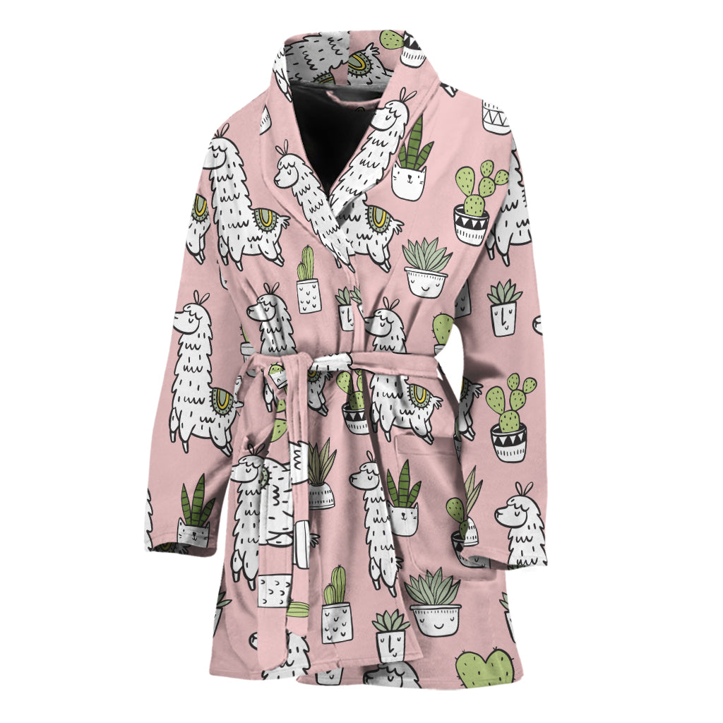 Cartoon Cactus And Llama Pattern Print Women's Bathrobe
