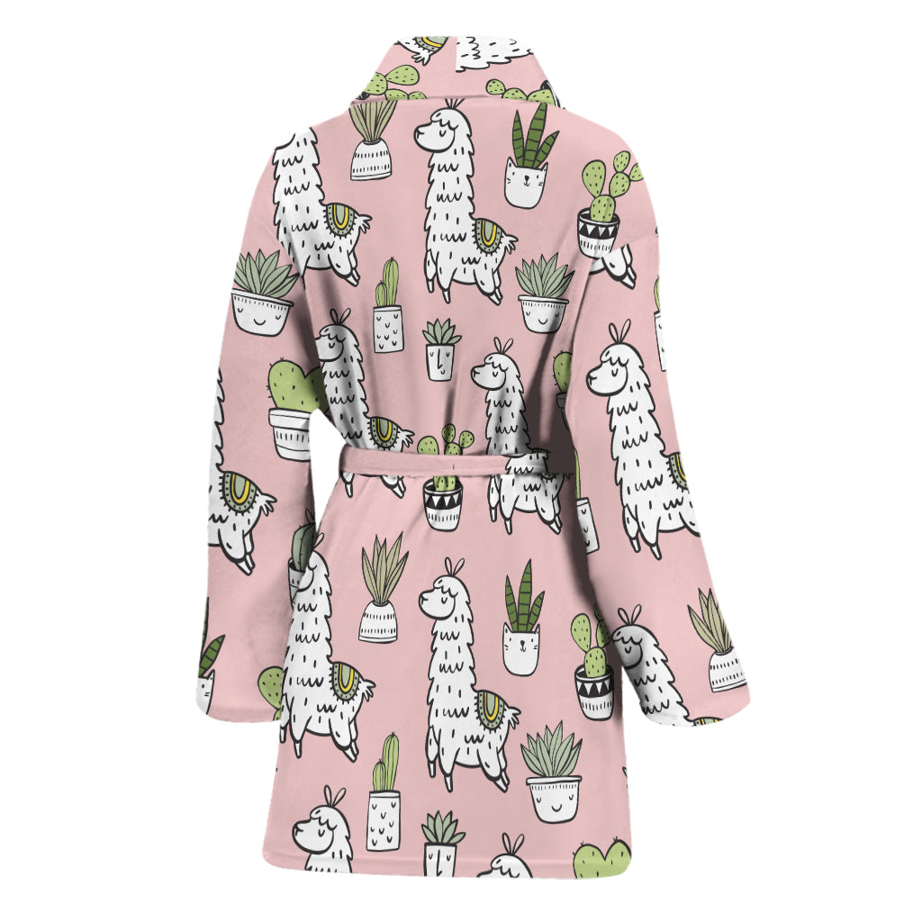 Cartoon Cactus And Llama Pattern Print Women's Bathrobe