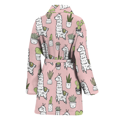 Cartoon Cactus And Llama Pattern Print Women's Bathrobe