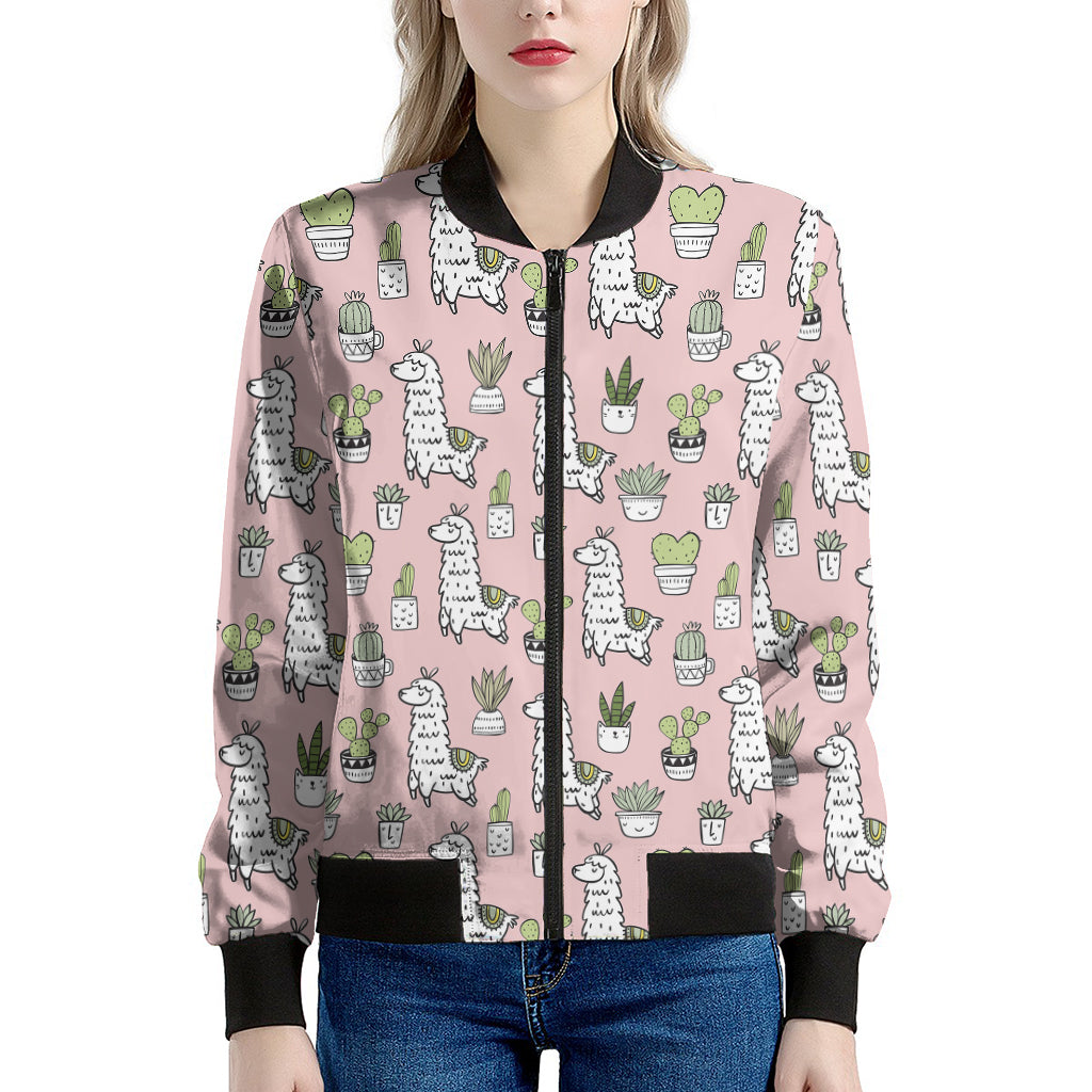 Cartoon Cactus And Llama Pattern Print Women's Bomber Jacket