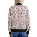 Cartoon Cactus And Llama Pattern Print Women's Bomber Jacket