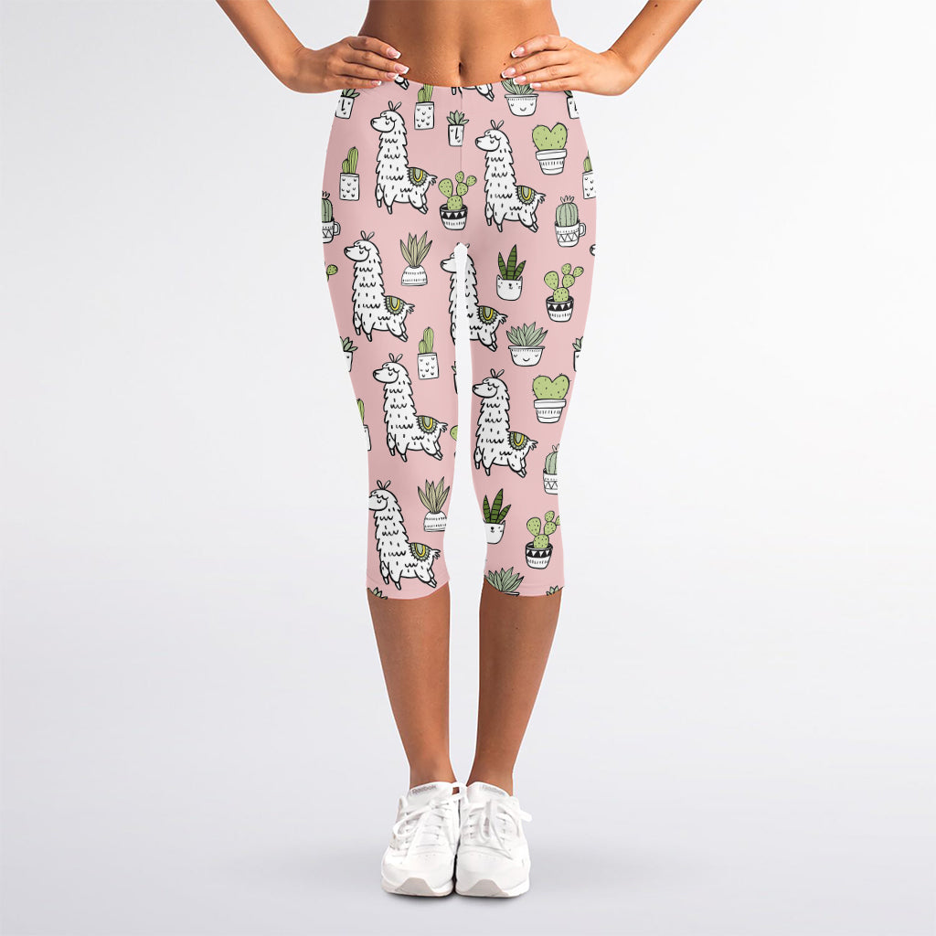 Cartoon Cactus And Llama Pattern Print Women's Capri Leggings