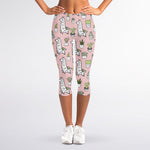 Cartoon Cactus And Llama Pattern Print Women's Capri Leggings