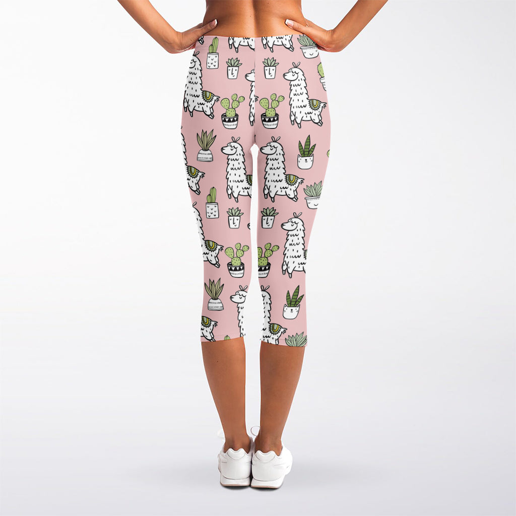 Cartoon Cactus And Llama Pattern Print Women's Capri Leggings