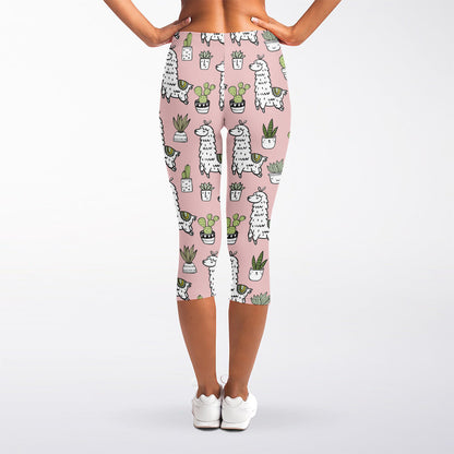 Cartoon Cactus And Llama Pattern Print Women's Capri Leggings