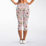 Cartoon Cactus And Llama Pattern Print Women's Capri Leggings