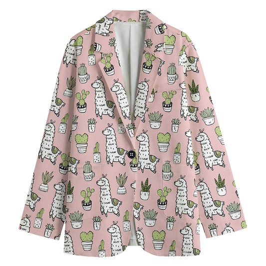 Cartoon Cactus And Llama Pattern Print Women's Cotton Blazer