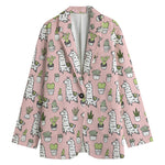 Cartoon Cactus And Llama Pattern Print Women's Cotton Blazer