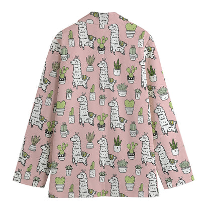 Cartoon Cactus And Llama Pattern Print Women's Cotton Blazer